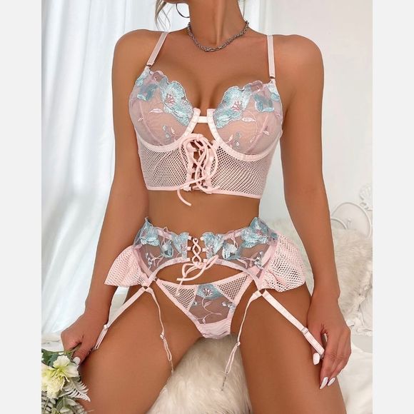 Women Garter Lingerie Sexy Sheer Bra With Embroidery Floral 4 Piece Lingerie Set - Picture 4 of 11